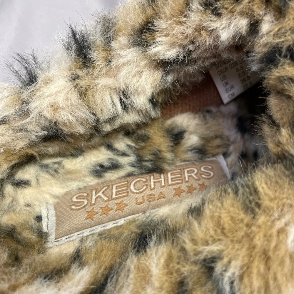 Skechers Kids Leopard Faux‎ Fur Platform Mules Tan Suede Lug Sole 46064 Size 5.5